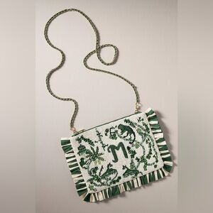 Anthropologie Beaded Monogram “M” Clutch NWT green/cream